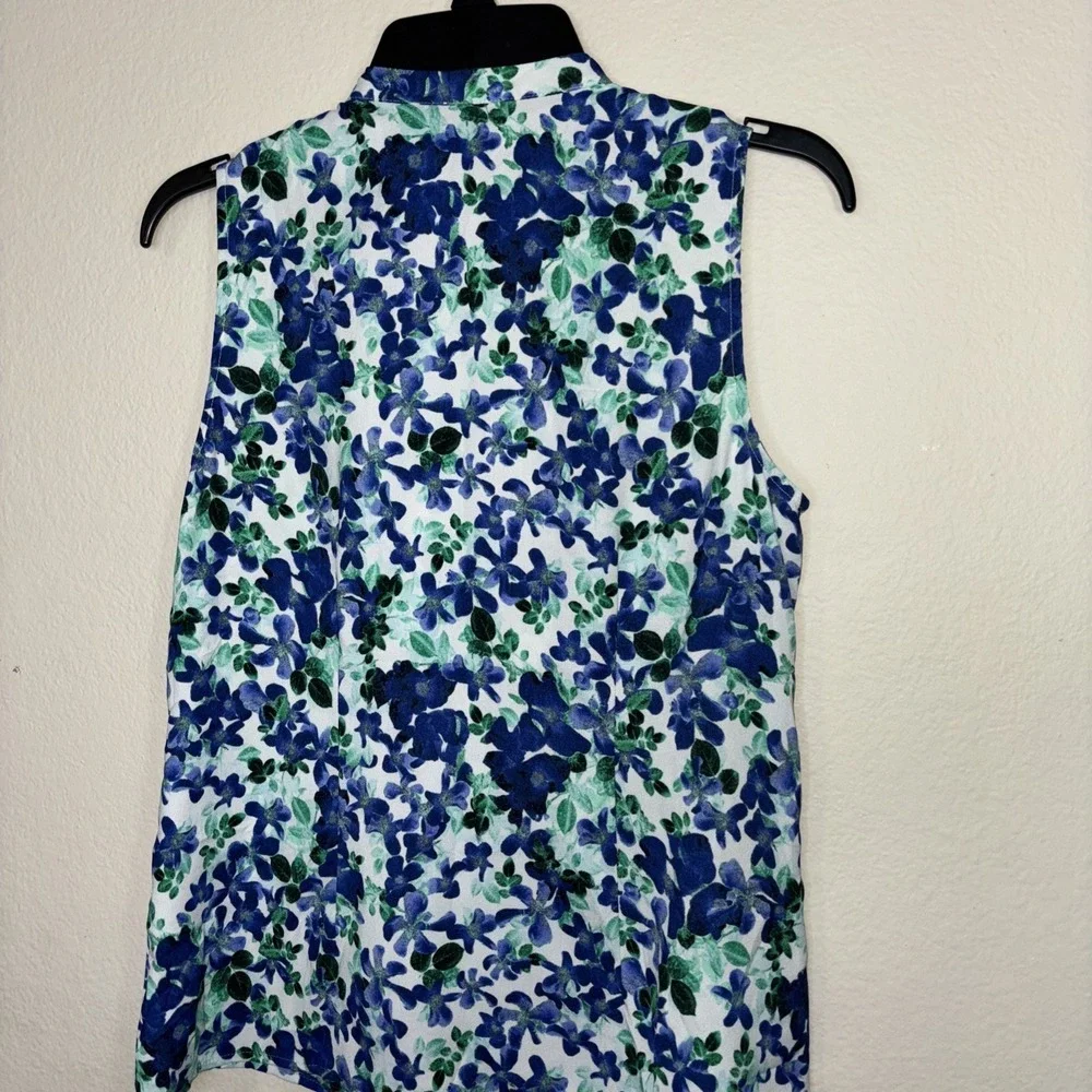 ANN TAYLOR Blouse Sleeveless Green/Blue V-neck Ruffle Front Top Medium Petite - Picture 3 of 5